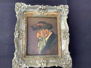 Vintage Miniature Oil Painting Jewish Man Old Metal Ornate Frame