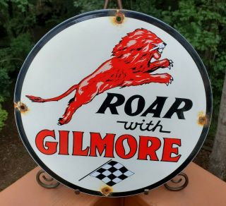 Old Vintage Roar With Gilmore The Red Lion Porcelain Enamel Gas Pump Sign