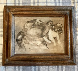 Vintage Oil Painting By The Late Alfred Zeller - Dogs Mother & Pup 6x8