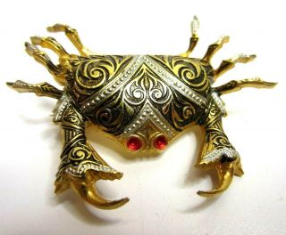 Vintage Jewelry Crab Brooch Pin Damascene Style Red Rhinestones Gold Tone Metal