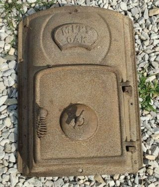 Vintage Mity Oak Wood Stove Door Panel Cast Iron Pot Belly Americana Old