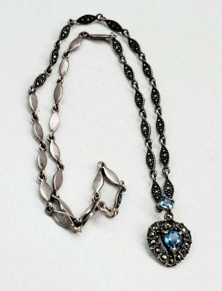 Vintage 925 A Sterling Silver Blue Topaz And Marcasite Pendant Necklace