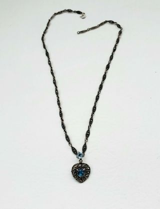 Vintage 925 A Sterling Silver Blue Topaz and Marcasite Pendant Necklace 3