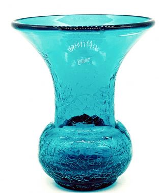 Vtg Mcm Blenko Art Glass Wide Mouth Teal Blue Crackle Glass Spittoon Vase 5”h