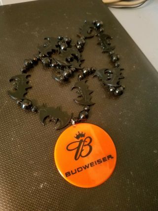 Budweiser Beer Halloween Necklace Plastic Orange W Black Beads Bats Jewelry Vtg