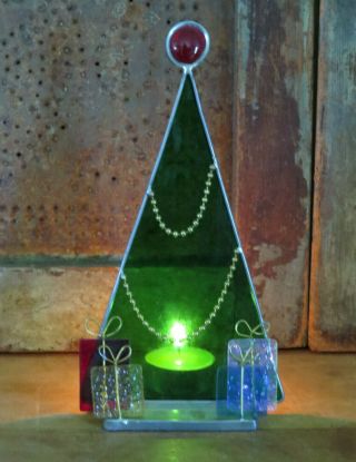 Vintage Stained Glass Christmas Tree Candle / Tea Light Holder So Pretty