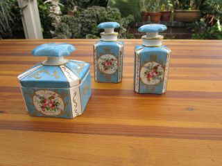 Antique French Porcelain Perfume Bottles & Powder Jar Hand Painted Blue Floral