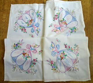 Vintage Tablecloth With Hand Embroidered Crinoline Ladies With Flower Baskets
