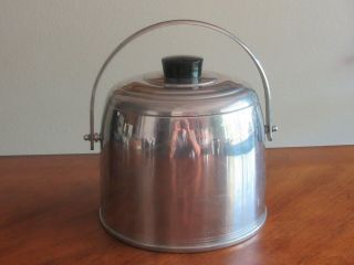 Vintage Kromex Mid Century Ice Bucket Aluminum W/ Handle & Black Knob Ringed Lid