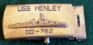Uss Henley Dd762 Vintage 40s Web Belt Buckle W/ Cartouch Plated Brass