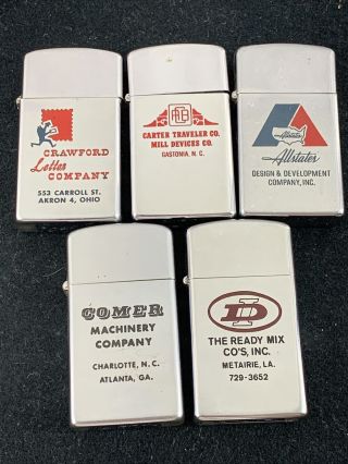 5 Vintage Slim Zippo Lighters - With Advertising