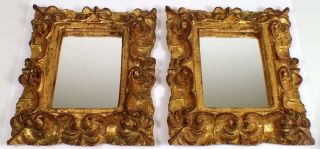 2 Vtg Italian Italy Gold Gilt Carved Wood Small Mirrored Frame Wall Mirror Pair