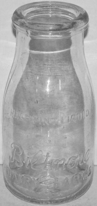 Vintage Milk Bottle Biltmore Dairy Farm Asheville North Carolina Embossed 1/2 Pt