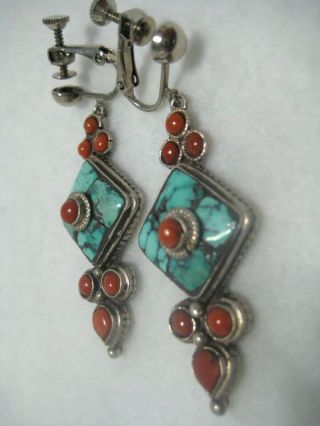 Sterling Silver Vintage Dangle Earrings W/turquoise And Red Coral Ht126