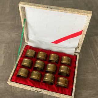 Vintage Set Of 12 Solid Brass Boxed Napkin Rings Heavy Duty Estate Find