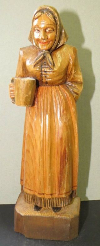 Vintage Anri Italian Painted Wood Carved Figurine Elderly Woman W/ Cup/mug 7 "