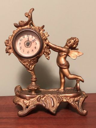 Antique Gold Cast Iron Victorian Art Nouveau Cherub Mantel Clock Pat’d 1902