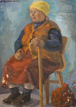 Antique Russian Old Woman Portrait Oil Painting Signed N.  Udaltsova