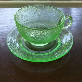 Vintage U.  S.  Glass Tiffin Flower Garden With Butterflies Green Cup And Saucer
