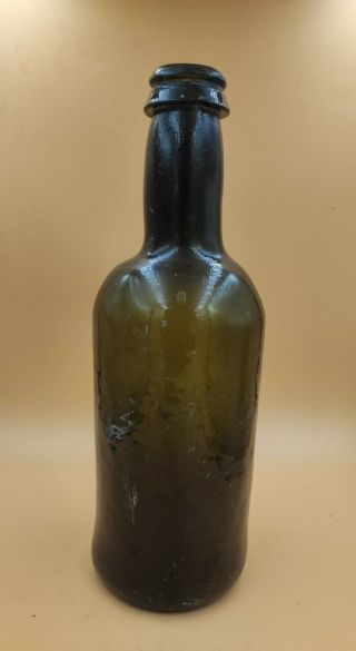 Antique (1840 - 1860s) Olive Green Heavy Glass Whiskey Bottle W/ Indented Bottom