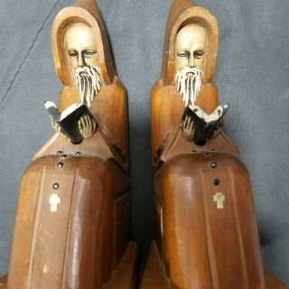 Vintage Hand Carved Wood Wooden Hooded Monk Rosery Bookends 2