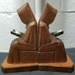 Vintage Hand Carved Wood Wooden Hooded Monk Rosery Bookends 3
