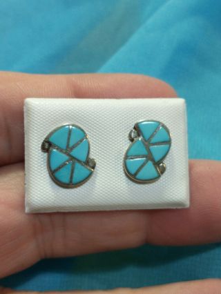 Vtg Zuni Native American Turquoise Inlay Inlaid Earrings Sterling Geometric Post