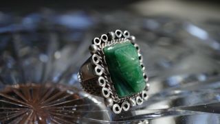 Antique Vintage Mexico Sterling Silver Green Carved Jade Aztec Face Ring 6