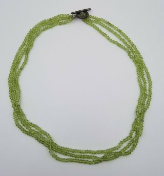 Pretty Vintage Necklace With 3 Green Beaded Strands 20 " Toggle Closure Clasp