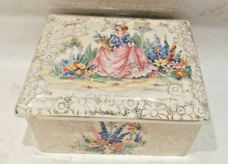 Vintage H&k Tunstall Pink Crinoline Lady Trinket Box Gold Chintz England