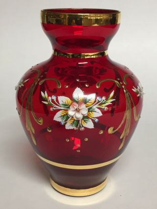 Vintage Ruby Red Glass Vase With Hand Painted Flowers Gold Trim 5 "