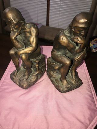 2 Antique Solid Heavy Cast Figural Bronze Nude Thinking Man Bookends