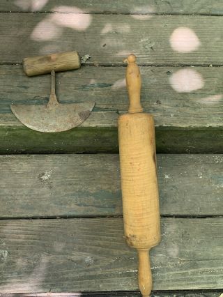 Antique Tiger Maple Rolling Pin And Early Hand Made Chopper