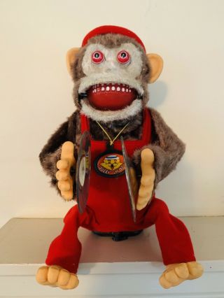 Vintage Musical Jolly Chimp Red Overalls Cap Mechanical Cymbals Monkey