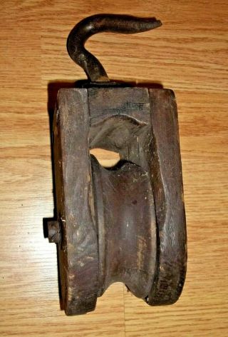 Rare Antique Wooden Barn Pulley With Hook Wooden Wheel Rustic Country Decor