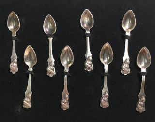 Sterling Silver Demitasse 2.  50” Spoons Set Of 8 Dog Heads On Spoon