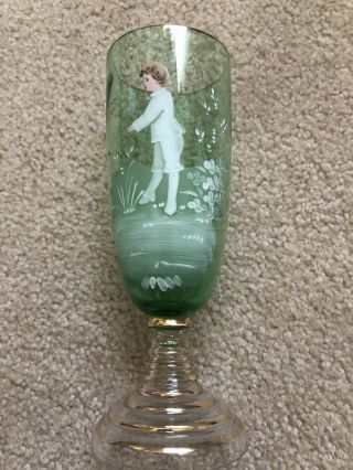 Victorian Mary Gregory Green Glass Fluted Cup Vase