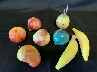8 Vintage Italian Carved Alabaster Marble Stone Fruit Bananas Pineapple Peach