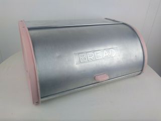 Vintage Kromex Roll Top Bread Box Pink & Aluminum Metal Breadbox