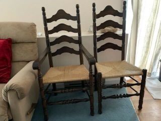 Set Of 4 19th Century Shaker Ladder Back Chairs With Rush Seats