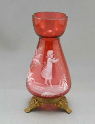 Lovely Antique Victorian Mary Gregory Cranberry Glass Vase With Brass Feet