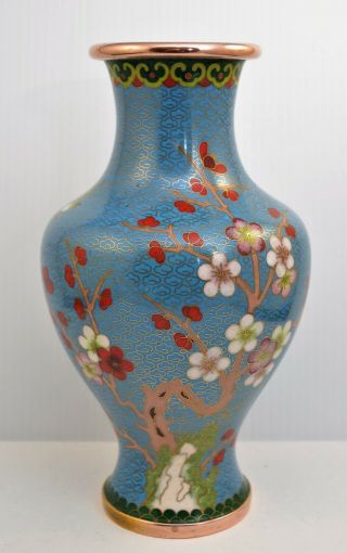 Vintage Chinese Cloisonne Enamel Brass Vase Blue And Floral