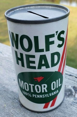 VINTAGE WOLF HEAD MINIATURE COIN BANK OIL CAN 3