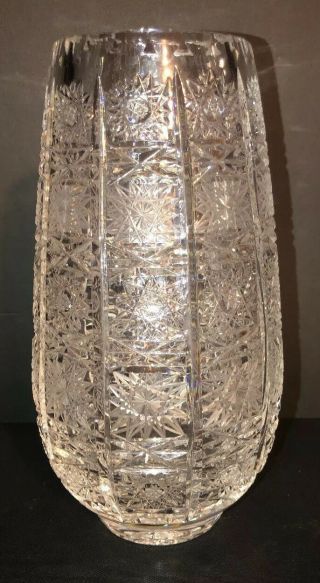 Vintage Czech Bohemian Cut Crystal Glass Vase Queen Lace 10” Tall