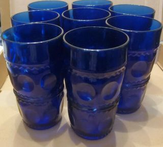 8 Vintage Cobalt Blue 5 1/2” Kings Crown Thumbprint Tumblers Indiana Glass Exc