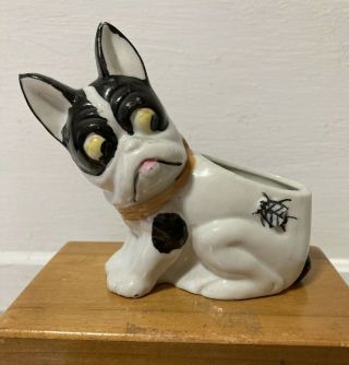 Vintage Boston Terrier Dog With Fly Glazed Ceramic Planter Figurine Japan