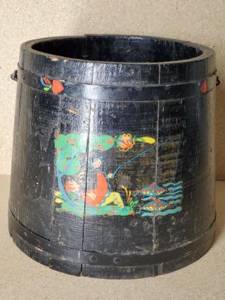 Vintage Antique Wood Bucket W.  Handle In Old Black Paint Front Decor Motif
