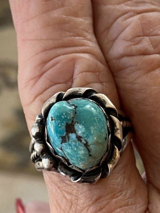 Vintage Old Pawn Navajo Turquoise Sterling Silver Ring Signed S C Sz.  8