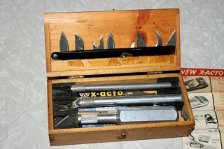 Vintage 1950s X - Acto 3 Knife Wood Carving Tool Set In Its Dovetail Wood Box