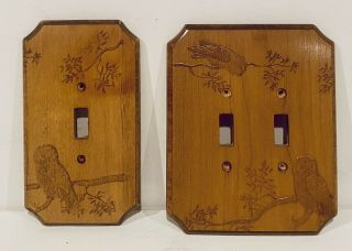 2 Vintage Wood Light Switch Plates Owl Bird Carved Etched Raised